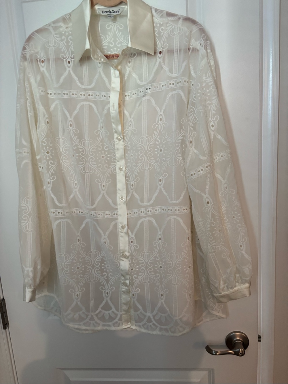 DAVI & DANI Cream Sheer Embroidered Button-Down Blouse BOHO AND OVERSIZED